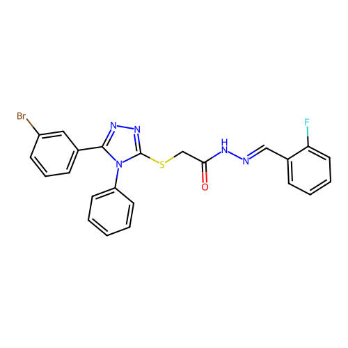 (E)-2-((5-(3-bromophenyl)-4-phenyl-4H-1,2,4-triazol-3-yl)thio)-N'-(2-fluorobenzylidene)acetohydrazide structure