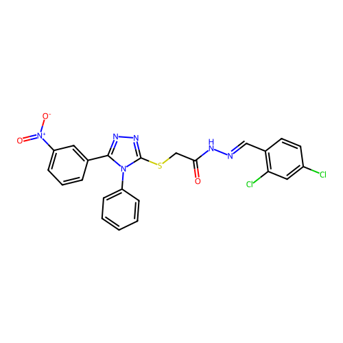 (E)-N'-(2,4-dichlorobenzylidene)-2-((5-(3-nitrophenyl)-4-phenyl-4H-1,2,4-triazol-3-yl)thio)acetohydrazide structure