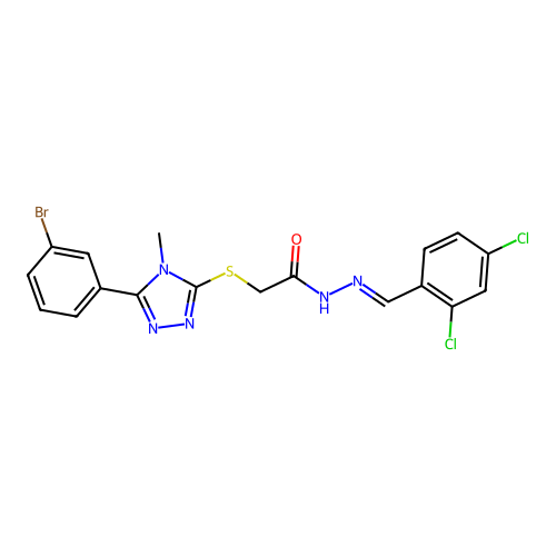 2-((5-(3-bromophenyl)-4-methyl-4H-1,2,4-triazol-3-yl)thio)-N'-(2,4-dichlorobenzylidene)acetohydrazide structure
