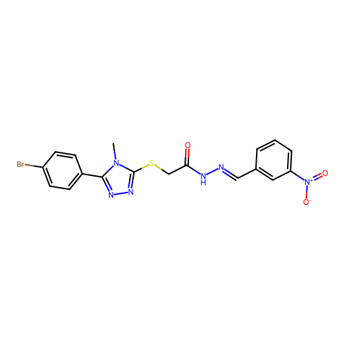 (E)-2-((5-(4-bromophenyl)-4-methyl-4H-1,2,4-triazol-3-yl)thio)-N'-(3-nitrobenzylidene)acetohydrazide structure