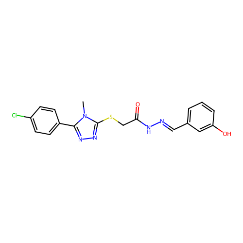 2-[[5-(4-chlorophenyl)-4-methyl-1,2,4-triazol-3-yl]sulfanyl]-N-[(E)-(3-hydroxyphenyl)methylideneamino]acetamide structure