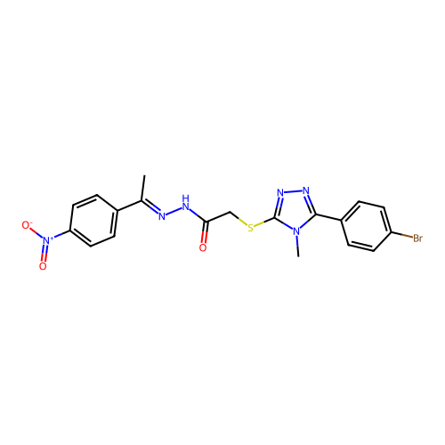 (E)-2-((5-(4-bromophenyl)-4-methyl-4H-1,2,4-triazol-3-yl)thio)-N'-(1-(4-nitrophenyl)ethylidene)acetohydrazide structure