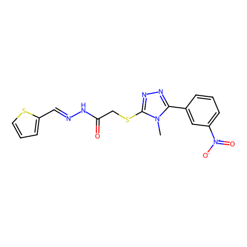 (E)-2-((4-methyl-5-(3-nitrophenyl)-4H-1,2,4-triazol-3-yl)thio)-N'-(thiophen-2-ylmethylene)acetohydrazide structure