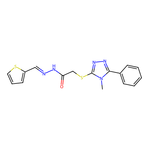 (E)-2-((4-methyl-5-phenyl-4H-1,2,4-triazol-3-yl)thio)-N'-(thiophen-2-ylmethylene)acetohydrazide structure