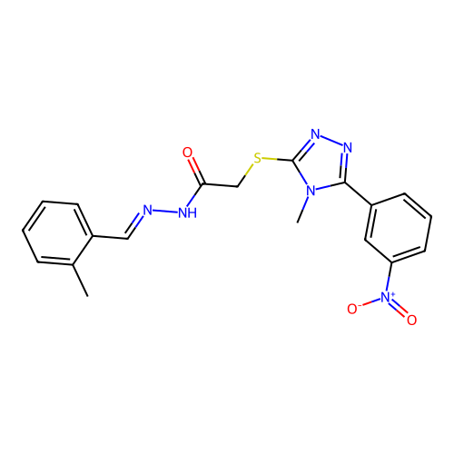 (E)-2-((4-methyl-5-(3-nitrophenyl)-4H-1,2,4-triazol-3-yl)thio)-N'-(2-methylbenzylidene)acetohydrazide structure