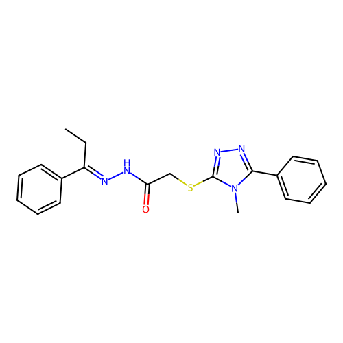 (E)-2-((4-methyl-5-phenyl-4H-1,2,4-triazol-3-yl)thio)-N'-(1-phenylpropylidene)acetohydrazide structure