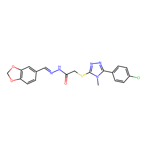 N-[(E)-1,3-benzodioxol-5-ylmethylideneamino]-2-[[5-(4-chlorophenyl)-4-methyl-1,2,4-triazol-3-yl]sulfanyl]acetamide structure