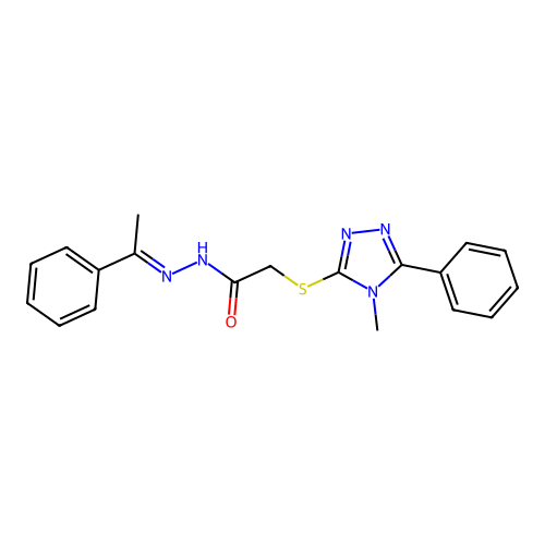 (E)-2-((4-methyl-5-phenyl-4H-1,2,4-triazol-3-yl)thio)-N'-(1-phenylethylidene)acetohydrazide structure