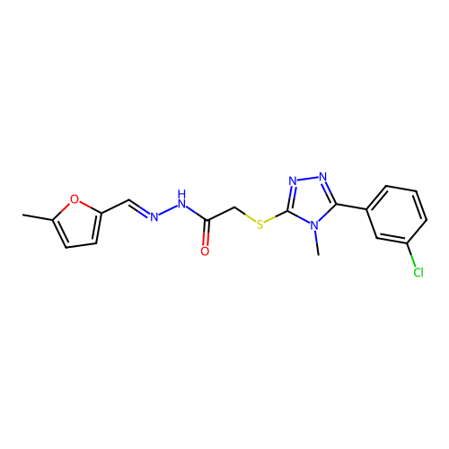 (E)-2-((5-(3-chlorophenyl)-4-methyl-4H-1,2,4-triazol-3-yl)thio)-N'-((5-methylfuran-2-yl)methylene)acetohydrazide structure