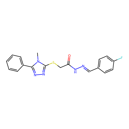 (E)-N'-(4-fluorobenzylidene)-2-((4-methyl-5-phenyl-4H-1,2,4-triazol-3-yl)thio)acetohydrazide structure