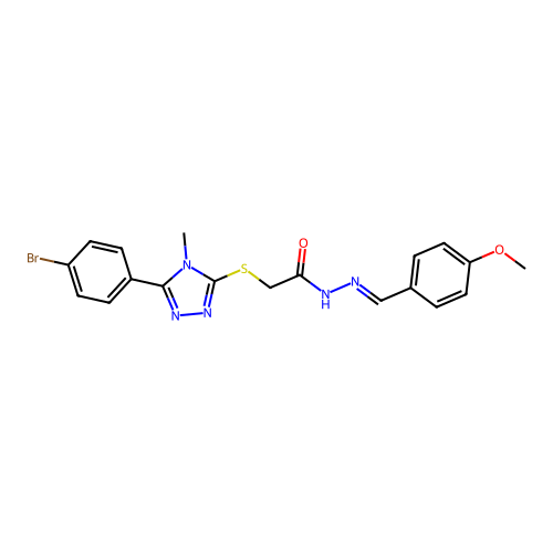 (E)-2-((5-(4-bromophenyl)-4-methyl-4H-1,2,4-triazol-3-yl)thio)-N'-(4-methoxybenzylidene)acetohydrazide structure