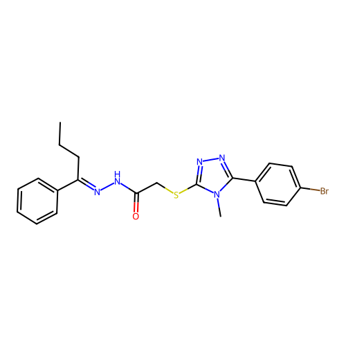 (E)-2-((5-(4-bromophenyl)-4-methyl-4H-1,2,4-triazol-3-yl)thio)-N'-(1-phenylbutylidene)acetohydrazide structure