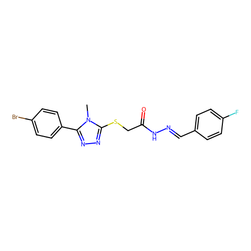 (E)-2-((5-(4-bromophenyl)-4-methyl-4H-1,2,4-triazol-3-yl)thio)-N'-(4-fluorobenzylidene)acetohydrazide structure