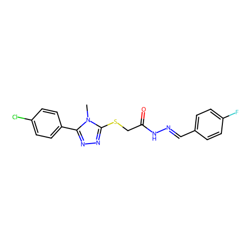 (E)-2-((5-(4-chlorophenyl)-4-methyl-4H-1,2,4-triazol-3-yl)thio)-N'-(4-fluorobenzylidene)acetohydrazide structure