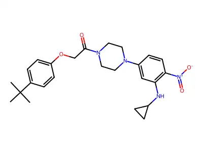 2-(4-tert-butylphenoxy)-1-[4-[3-(cyclopropylamino)-4-nitrophenyl]piperazin-1-yl]ethanone structure