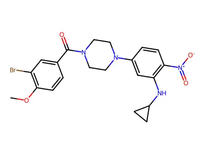 (3-bromo-4-methoxyphenyl)-[4-[3-(cyclopropylamino)-4-nitrophenyl]piperazin-1-yl]methanone structure