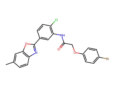 2-(4-bromophenoxy)-N-[2-chloro-5-(6-methyl-1,3-benzoxazol-2-yl)phenyl]acetamide structure