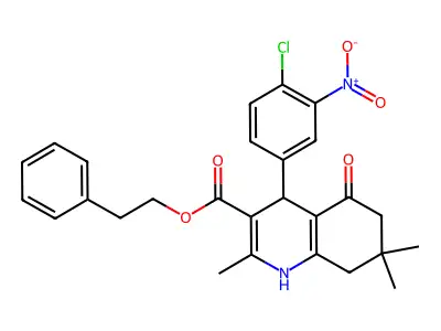 2-phenylethyl 4-(4-chloro-3-nitrophenyl)-2,7,7-trimethyl-5-oxo-1,4,5,6,7,8-hexahydroquinoline-3-carboxylate structure