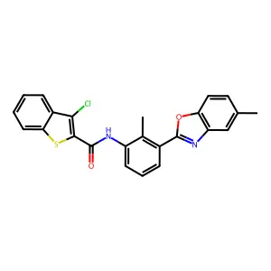 3-chloro-N-[2-methyl-3-(5-methyl-1,3-benzoxazol-2-yl)phenyl]-1-benzothiophene-2-carboxamide structure