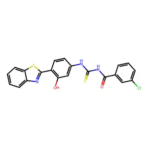N-((4-(benzo[d]thiazol-2-yl)-3-hydroxyphenyl)carbamothioyl)-3-chlorobenzamide structure