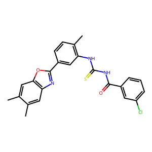 3-chloro-N-[[5-(5,6-dimethyl-1,3-benzoxazol-2-yl)-2-methylphenyl]carbamothioyl]benzamide structure