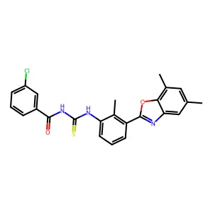 3-chloro-N-{[3-(5,7-dimethyl-1,3-benzoxazol-2-yl)-2-methylphenyl]carbamothioyl}benzamide structure