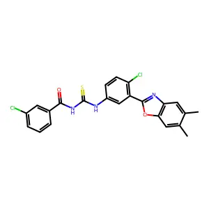 3-chloro-N-[[4-chloro-3-(5,6-dimethyl-1,3-benzoxazol-2-yl)phenyl]carbamothioyl]benzamide structure