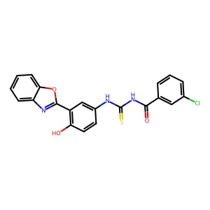 N-((3-(benzo[d]oxazol-2-yl)-4-hydroxyphenyl)carbamothioyl)-3-chlorobenzamide structure