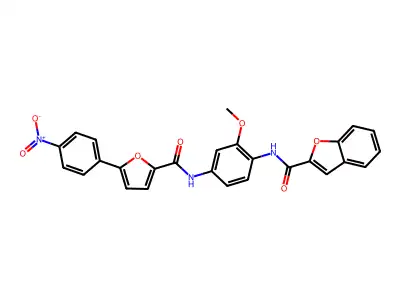 N-[2-methoxy-4-[[5-(4-nitrophenyl)furan-2-carbonyl]amino]phenyl]-1-benzofuran-2-carboxamide structure