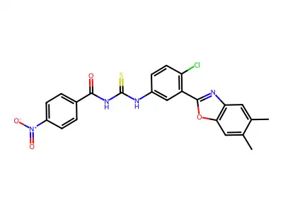 N-[[4-chloro-3-(5,6-dimethyl-1,3-benzoxazol-2-yl)phenyl]carbamothioyl]-4-nitrobenzamide structure