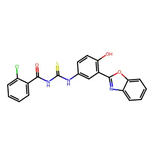 N-((3-(benzo[d]oxazol-2-yl)-4-hydroxyphenyl)carbamothioyl)-2-chlorobenzamide structure