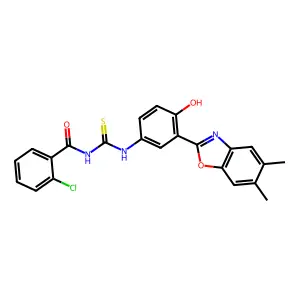 2-chloro-N-((3-(5,6-dimethylbenzo[d]oxazol-2-yl)-4-hydroxyphenyl)carbamothioyl)benzamide structure