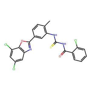 2-chloro-N-[[5-(5,7-dichloro-1,3-benzoxazol-2-yl)-2-methylphenyl]carbamothioyl]benzamide structure