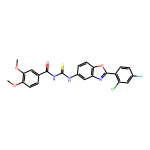 N-[[2-(2-chloro-4-fluorophenyl)-1,3-benzoxazol-5-yl]carbamothioyl]-3,4-dimethoxybenzamide structure