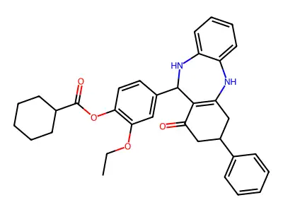 2-ethoxy-4-(1-oxo-3-phenyl-2,3,4,5,10,11-hexahydro-1H-dibenzo[b,e][1,4]diazepin-11-yl)phenyl cyclohexanecarboxylate structure