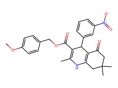4-methoxybenzyl 2,7,7-trimethyl-4-(3-nitrophenyl)-5-oxo-1,4,5,6,7,8-hexahydroquinoline-3-carboxylate structure