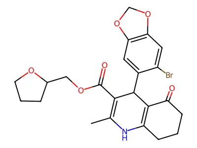 tetrahydrofuran-2-ylmethyl 4-(6-bromo-1,3-benzodioxol-5-yl)-2-methyl-5-oxo-1,4,5,6,7,8-hexahydroquinoline-3-carboxylate structure