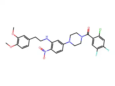 (2-chloro-4,5-difluorophenyl)-[4-[3-[2-(3,4-dimethoxyphenyl)ethylamino]-4-nitrophenyl]piperazin-1-yl]methanone structure