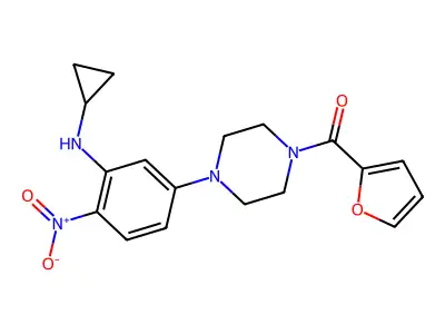 4-[3-(Cyclopropylamino)-4-nitrophenyl]piperazinyl 2-furyl ketone structure