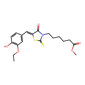 (E)-methyl 6-(5-(3-ethoxy-4-hydroxybenzylidene)-4-oxo-2-thioxothiazolidin-3-yl)hexanoate structure