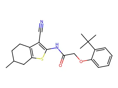 2-(2-tert-butylphenoxy)-N-(3-cyano-6-methyl-4,5,6,7-tetrahydro-1-benzothiophen-2-yl)acetamide structure