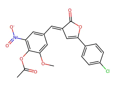 (E)-4-((5-(4-chlorophenyl)-2-oxofuran-3(2H)-ylidene)methyl)-2-methoxy-6-nitrophenyl acetate structure