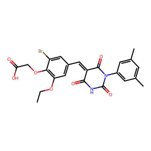 (2-bromo-4-{(E)-[1-(3,5-dimethylphenyl)-2,4,6-trioxotetrahydropyrimidin-5(2H)-ylidene]methyl}-6-ethoxyphenoxy)acetic acid structure