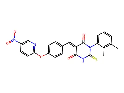 (5E)-1-(2,3-dimethylphenyl)-5-[[4-(5-nitropyridin-2-yl)oxyphenyl]methylidene]-2-sulfanylidene-1,3-diazinane-4,6-dione structure
