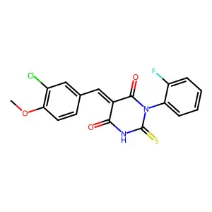 (5Z)-5-(3-chloro-4-methoxybenzylidene)-1-(2-fluorophenyl)-2-thioxodihydropyrimidine-4,6(1H,5H)-dione structure