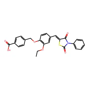 (Z)-4-((4-((2,4-dioxo-3-phenylthiazolidin-5-ylidene)methyl)-2-ethoxyphenoxy)methyl)benzoic acid structure