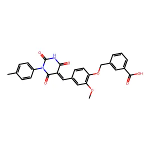 3-[(2-methoxy-4-{(E)-[1-(4-methylphenyl)-2,4,6-trioxotetrahydropyrimidin-5(2H)-ylidene]methyl}phenoxy)methyl]benzoic acid structure