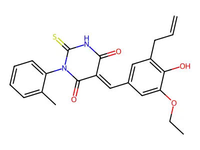 (5E)-5-[(3-ethoxy-4-hydroxy-5-prop-2-enylphenyl)methylidene]-1-(2-methylphenyl)-2-sulfanylidene-1,3-diazinane-4,6-dione structure