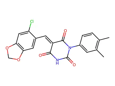 (5E)-5-[(6-chloro-1,3-benzodioxol-5-yl)methylidene]-1-(3,4-dimethylphenyl)-1,3-diazinane-2,4,6-trione structure