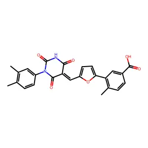 3-(5-{(E)-[1-(3,4-dimethylphenyl)-2,4,6-trioxotetrahydropyrimidin-5(2H)-ylidene]methyl}furan-2-yl)-4-methylbenzoic acid structure